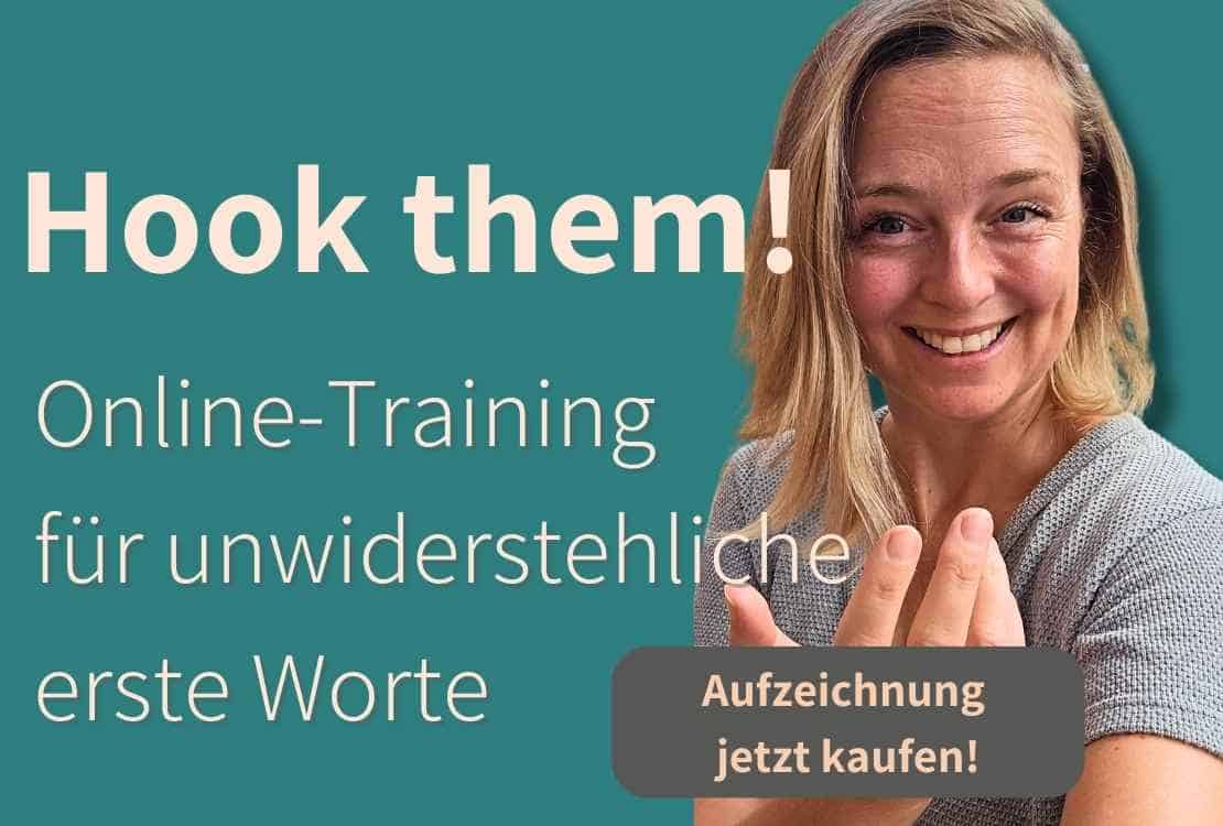 Schriftzug: Hook them Onlinetraining, Aufzeichnung jetzt kaufen. Bianca