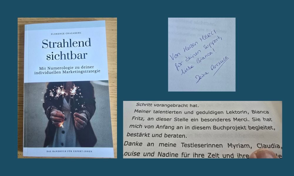 Buch „Strahlend sichtbar“ von Florence Chazarenc mit handschriftlichem Dank und Danksagung an Lektorin Bianca Fritz
